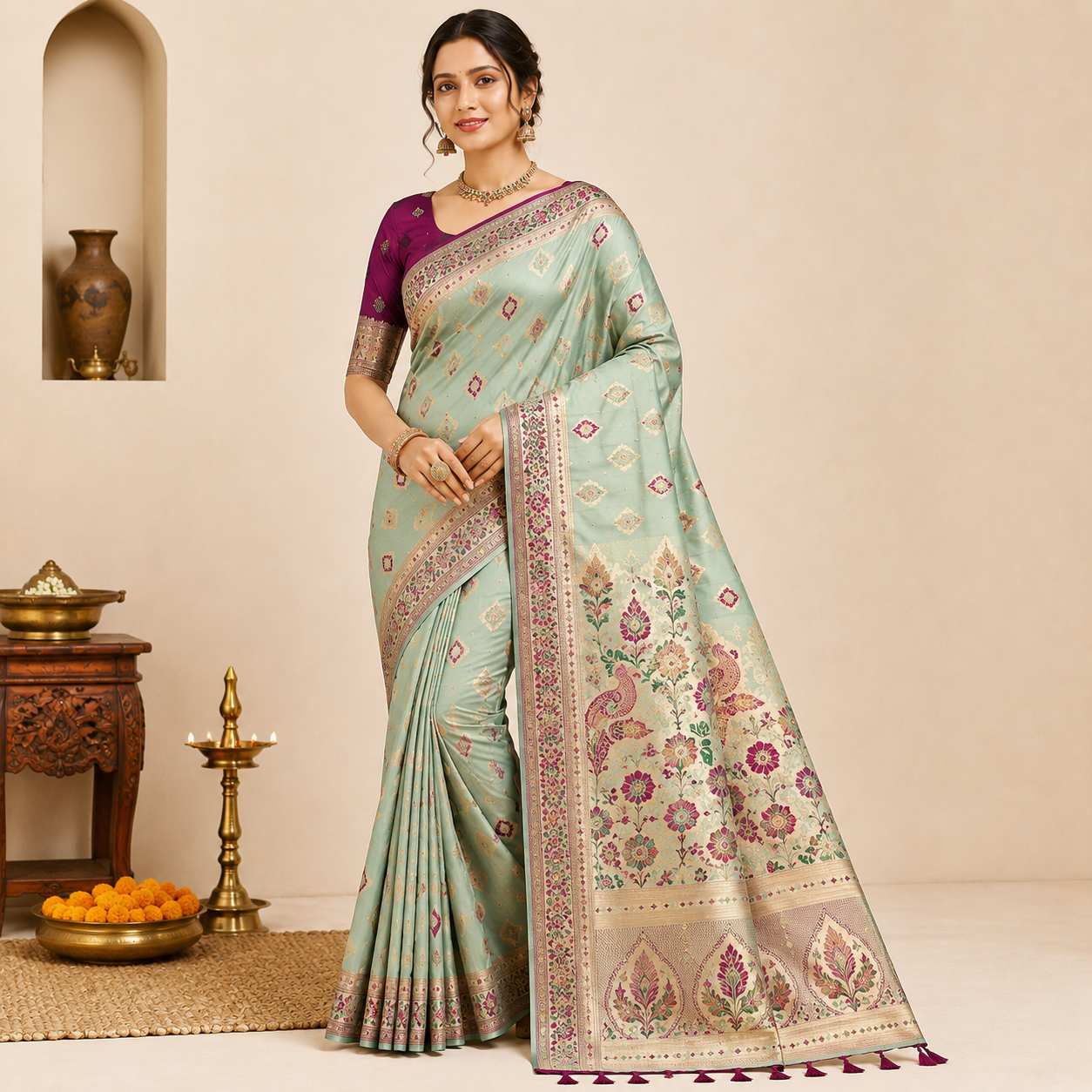 Ivory Blue Lotus Saree